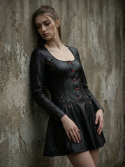 Handmade Women's Black Leather Mini Dress | Gothic Leather Corset Dress | Long Sleeve Fit & Flare Dress | Goth Clothing | Punk Rock Fashion