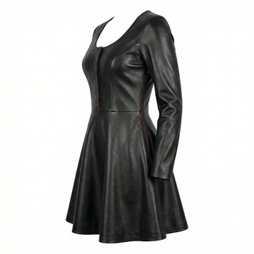 Handmade Women's Black Leather Mini Dress | Gothic Leather Corset Dress | Long Sleeve Fit & Flare Dress | Goth Clothing | Punk Rock Fashion