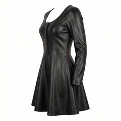 Handmade Women's Black Leather Mini Dress | Gothic Leather Corset Dress | Long Sleeve Fit & Flare Dress | Goth Clothing | Punk Rock Fashion