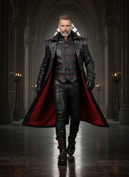 Men’s gothic leather trench coat outfit with red lining, studded shoulders, leather vest, pants, and boots in dark cathedral style - Rizwards leather