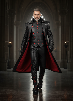 Men’s gothic leather trench coat outfit with red lining, studded shoulders, leather vest, pants, and boots in dark cathedral style - Rizwards leather