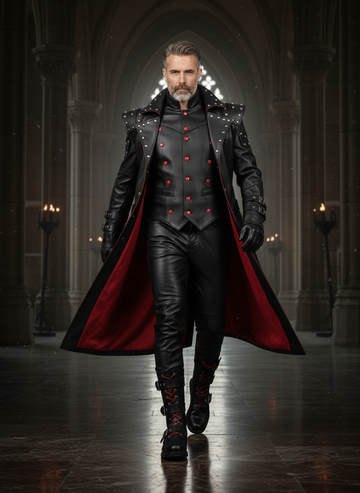 Men’s gothic leather trench coat outfit with red lining, studded shoulders, leather vest, pants, and boots in dark cathedral style - Rizwards leather