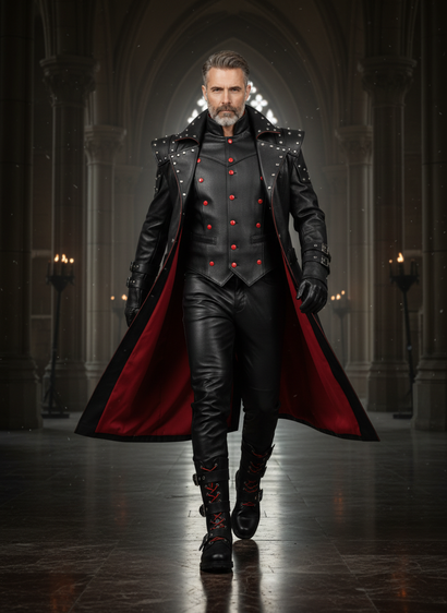 Men’s gothic leather trench coat outfit with red lining, studded shoulders, leather vest, pants, and boots in dark cathedral style - Rizwards leather