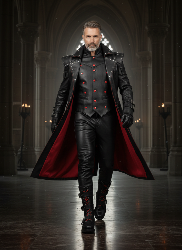Men’s gothic leather trench coat outfit with red lining, studded shoulders, leather vest, pants, and boots in dark cathedral style - Rizwards leather