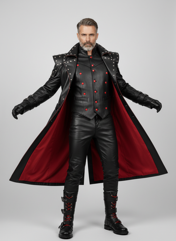 Men’s gothic leather trench coat outfit with red lining, studded shoulders, leather vest, pants, and boots in dark cathedral style - Rizwards leather