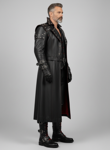 Men’s gothic leather trench coat outfit with red lining, studded shoulders, leather vest, pants, and boots in dark cathedral style - Rizwards leather