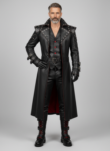 Men’s gothic leather trench coat outfit with red lining, studded shoulders, leather vest, pants, and boots in dark cathedral style - Rizwards leather