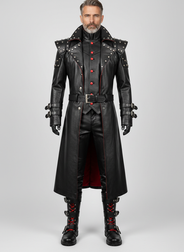 Men’s gothic leather trench coat outfit with red lining, studded shoulders, leather vest, pants, and boots in dark cathedral style - Rizwards leather