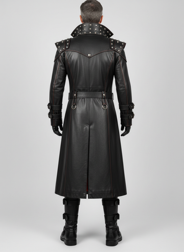 Men’s gothic leather trench coat outfit with red lining, studded shoulders, leather vest, pants, and boots in dark cathedral style - Rizwards leather