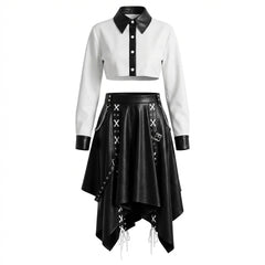 black and white leather two piece skirt set with crop top and sothic handkerchief hem skirt on white background