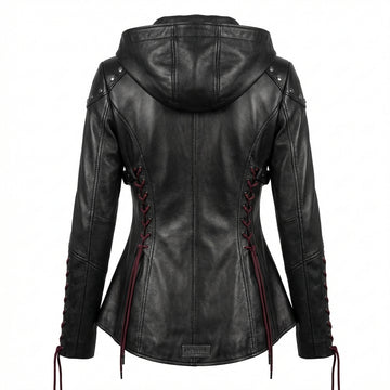 Women’s Black Leather Punk Jacket | Hooded Cyberpunk Leather Harness | Durable Repairable Natural-Material Goods | Battle-Worn Aging Leather