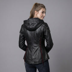 Women’s Black Leather Punk Jacket | Hooded Cyberpunk Leather Harness | Durable Repairable Natural-Material Goods | Battle-Worn Aging Leather