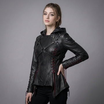 Women’s Black Leather Punk Jacket | Hooded Cyberpunk Leather Harness | Durable Repairable Natural-Material Goods | Battle-Worn Aging Leather
