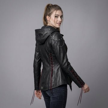 Women’s Black Leather Punk Jacket | Hooded Cyberpunk Leather Harness | Durable Repairable Natural-Material Goods | Battle-Worn Aging Leather