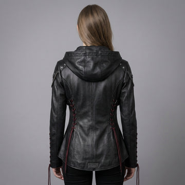 Women’s Black Leather Punk Jacket | Hooded Cyberpunk Leather Harness | Durable Repairable Natural-Material Goods | Battle-Worn Aging Leather