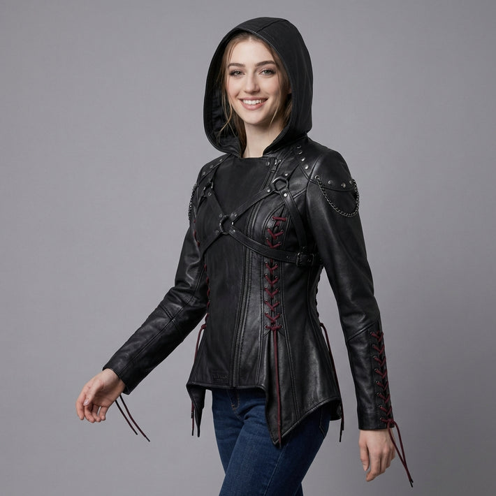 Women’s Black Leather Punk Jacket | Hooded Cyberpunk Leather Harness | Durable Repairable Natural-Material Goods | Battle-Worn Aging Leather