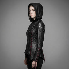 Women’s Black Leather Punk Jacket | Hooded Cyberpunk Leather Harness | Durable Repairable Natural-Material Goods | Battle-Worn Aging Leather