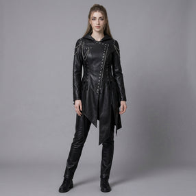 Women’s Durable, Repairable Black Leather Tailcoat Jacket | Battle-Worn Aging Leather Natural-Material Goods | Cyberpunk Jacket | Goth Clothes