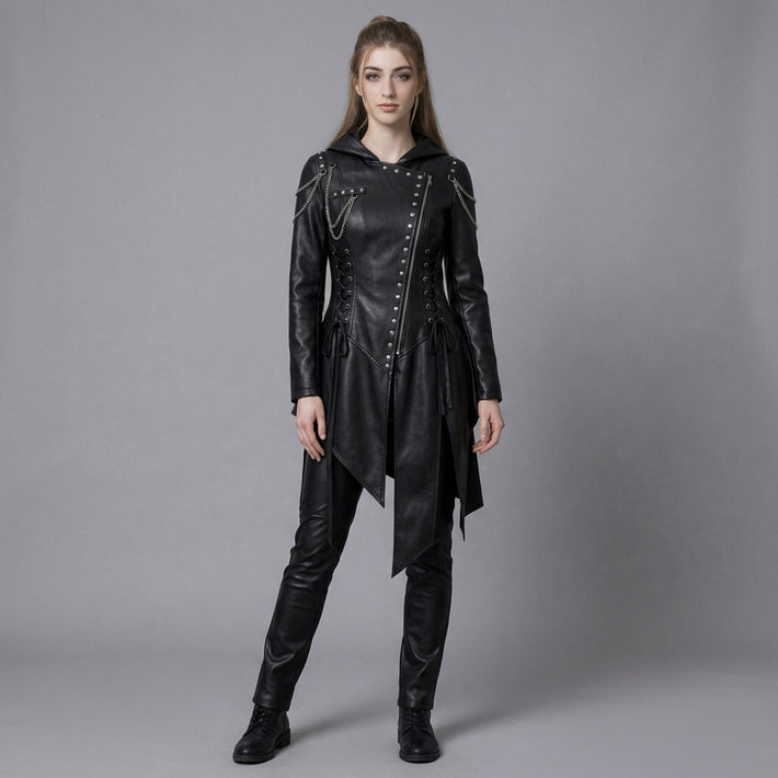 Women’s Durable, Repairable Black Leather Tailcoat Jacket | Battle-Worn Aging Leather Natural-Material Goods | Cyberpunk Jacket | Goth Clothes