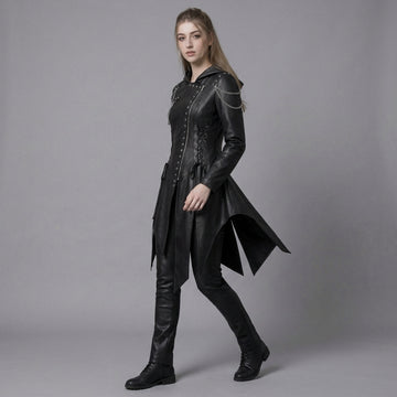 Women’s Durable, Repairable Black Leather Tailcoat Jacket | Battle-Worn Aging Leather Natural-Material Goods | Cyberpunk Jacket | Goth Clothes