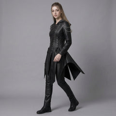 Women’s Durable, Repairable Black Leather Tailcoat Jacket | Battle-Worn Aging Leather Natural-Material Goods | Cyberpunk Jacket | Goth Clothes