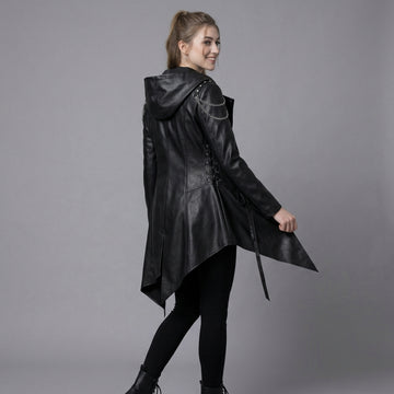 Women’s Durable, Repairable Black Leather Tailcoat Jacket | Battle-Worn Aging Leather Natural-Material Goods | Cyberpunk Jacket | Goth Clothes