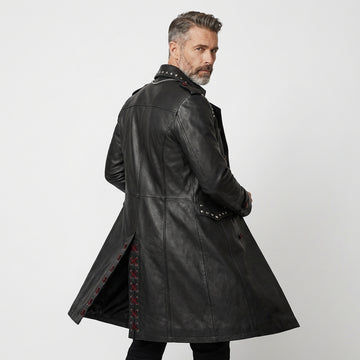 Men Gothic Leather Trench Coat | Long Black Trench Coat | Mens Studded Leather Long Coat | Cyberpunk Goth Clothes Plus Size