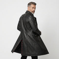 Men Gothic Leather Trench Coat | Long Black Trench Coat | Mens Studded Leather Long Coat | Cyberpunk Goth Clothes Plus Size