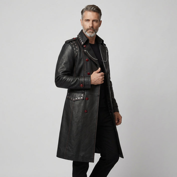 Men Gothic Leather Trench Coat | Long Black Trench Coat | Mens Studded Leather Long Coat | Cyberpunk Goth Clothes Plus Size