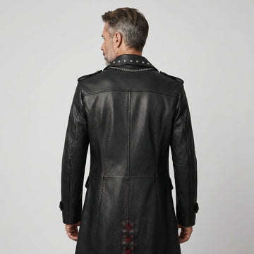 Men Gothic Leather Trench Coat | Long Black Trench Coat | Mens Studded Leather Long Coat | Cyberpunk Goth Clothes Plus Size