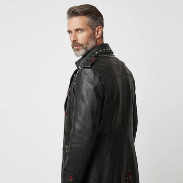 Men Gothic Leather Trench Coat | Long Black Trench Coat | Mens Studded Leather Long Coat | Cyberpunk Goth Clothes Plus Size