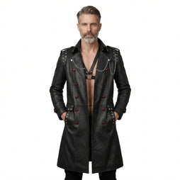 Men Gothic Leather Trench Coat | Long Black Trench Coat | Mens Studded Leather Long Coat | Cyberpunk Goth Clothes Plus Size