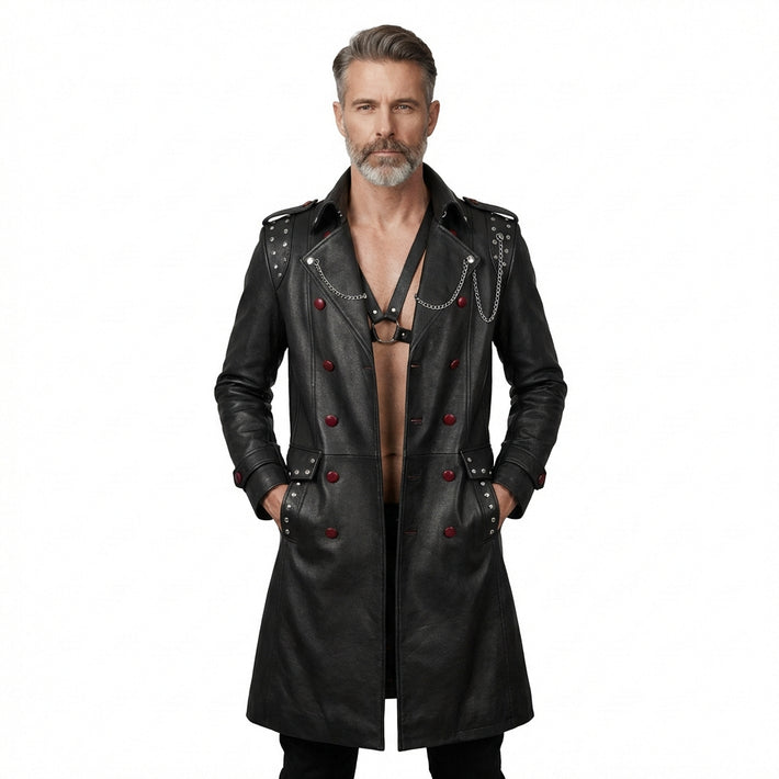 Men Gothic Leather Trench Coat | Long Black Trench Coat | Mens Studded Leather Long Coat | Cyberpunk Goth Clothes Plus Size