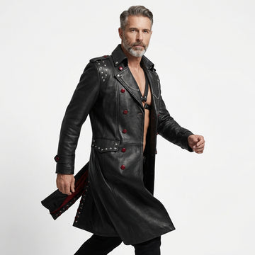 Men Gothic Leather Trench Coat | Long Black Trench Coat | Mens Studded Leather Long Coat | Cyberpunk Goth Clothes Plus Size