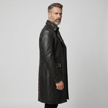 Men Gothic Leather Trench Coat | Long Black Trench Coat | Mens Studded Leather Long Coat | Cyberpunk Goth Clothes Plus Size