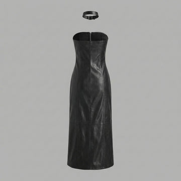 woman wearing black leather midi dress strapless bodycon design