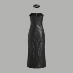 black leather bodycon midi dress for women