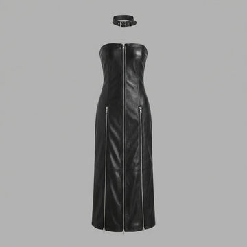 woman wearing black leather midi dress strapless bodycon design