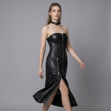 woman wearing black leather midi dress strapless bodycon design