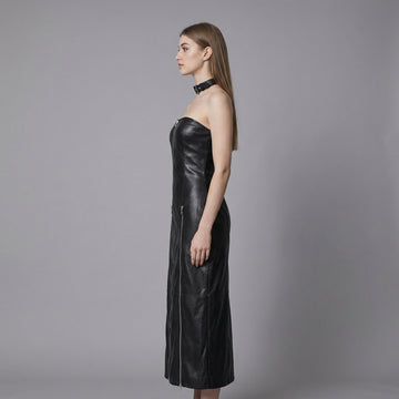 woman wearing black leather midi dress strapless bodycon design