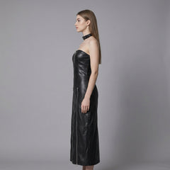 front zipper leather tube dress women