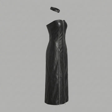 woman wearing black leather midi dress strapless bodycon design