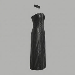 genuine leather midi dress with zip front detail