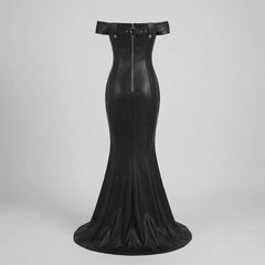 Black Leather Mermaid Dress – Off Shoulder Formal Evening Gown