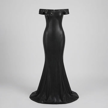 Black Leather Mermaid Dress – Off Shoulder Formal Evening Gown