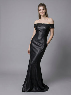Black Leather Mermaid Dress – Off Shoulder Formal Evening Gown