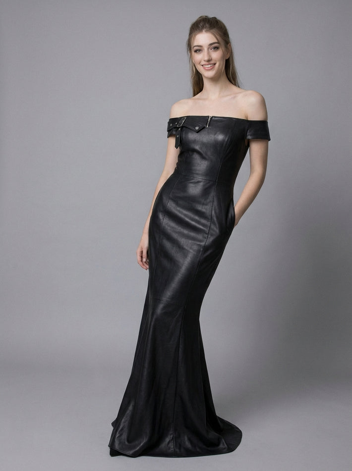 Black Leather Mermaid Dress – Off Shoulder Formal Evening Gown