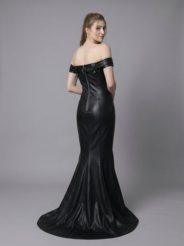 Black Leather Mermaid Dress – Off Shoulder Formal Evening Gown