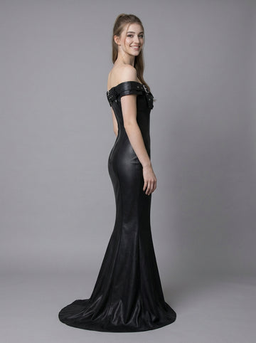 Black Leather Mermaid Dress – Off Shoulder Formal Evening Gown