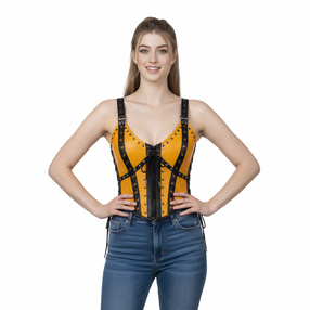 Yellow Leather Corset Top for Women, Handmade Leather Corset, Custom Corset, Yellow Corset, Lace Up Zip Front Corset, Rivet Leather Bustier Top